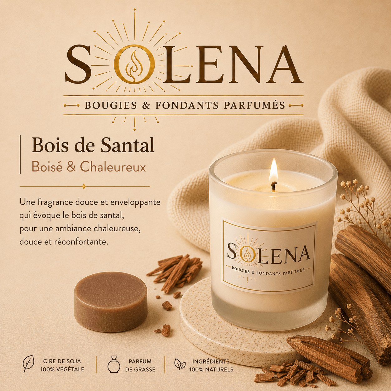 Bougie Bois de Santal Solena Paris — cire de soja et parfum de Grasse
