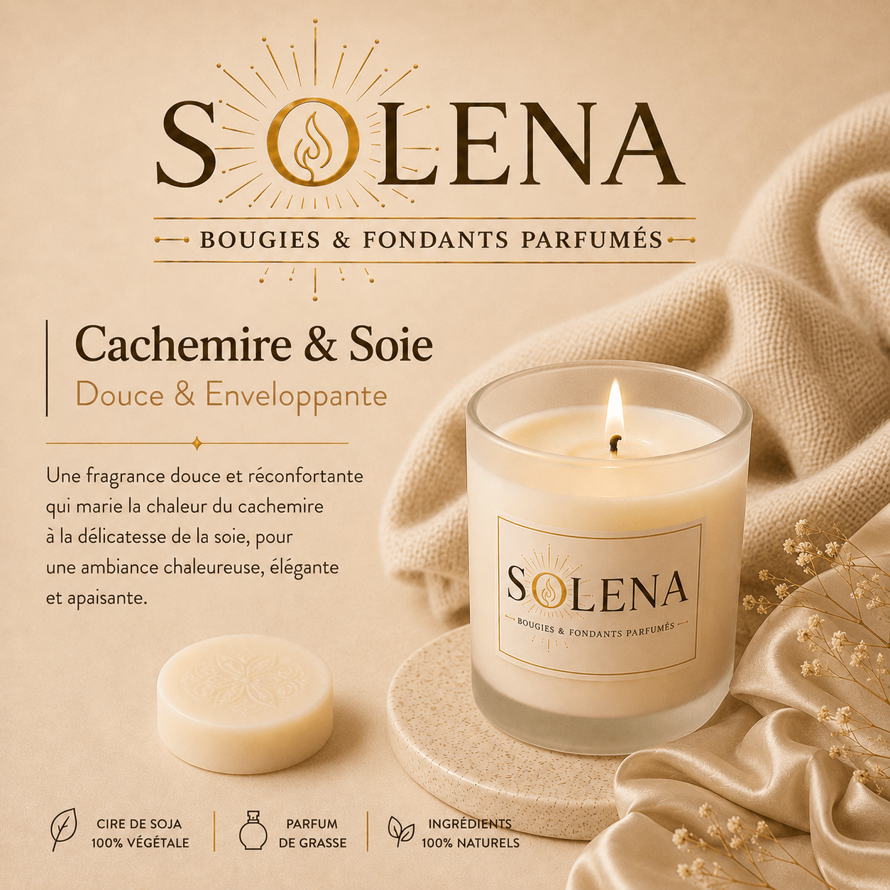 Bougie Cachemire et soie Solena Paris — cire de soja et parfum de Grasse