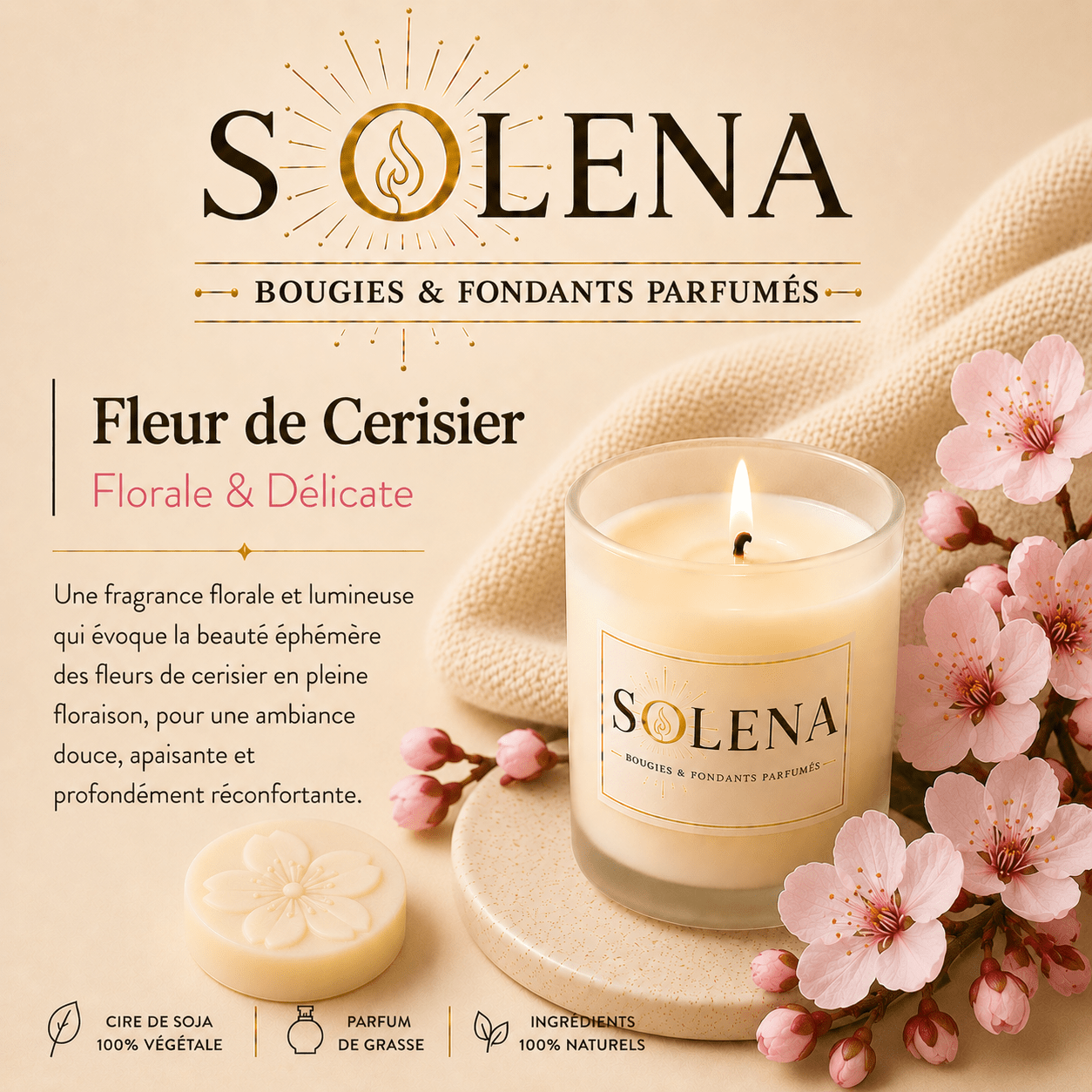 Bougie Fleur de Cerisier Solena Paris — cire de soja et parfum de Grasse