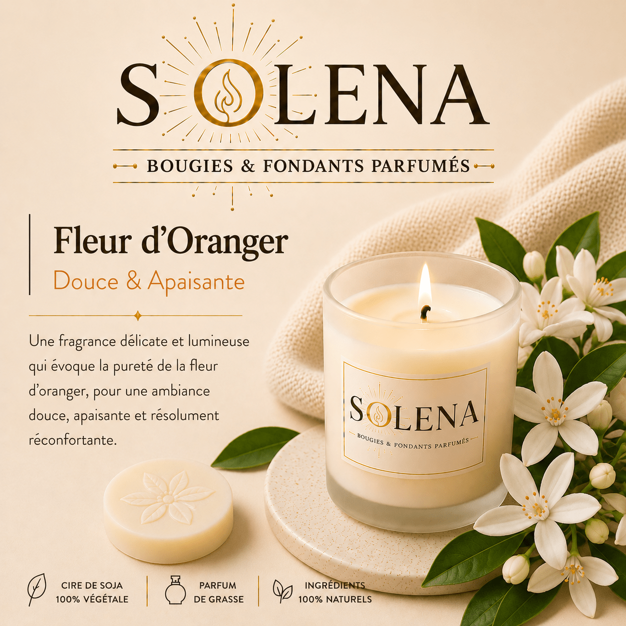 Bougie Fleur d'Oranger Solena Paris — cire de soja et parfum de Grasse