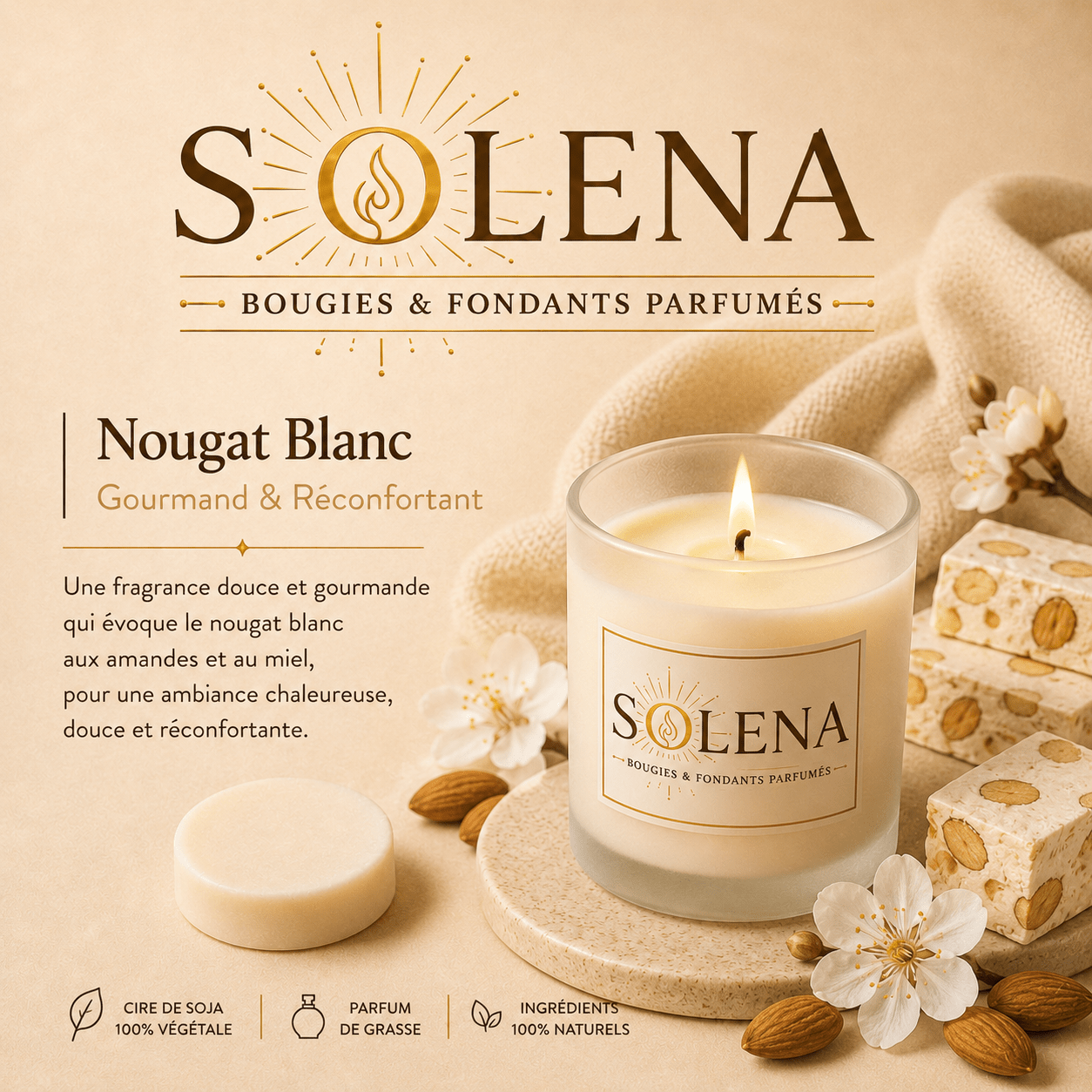 Bougie Nougat Blanc Solena Paris — cire de soja et parfum de Grasse