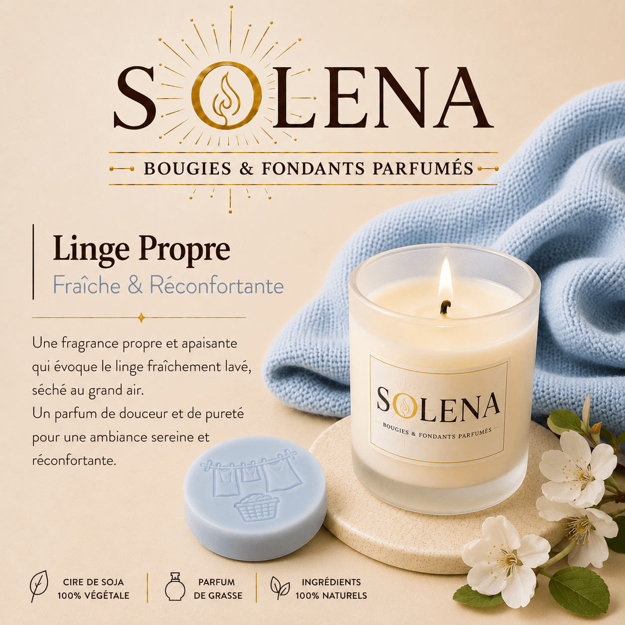 Bougie Linge Propre Solena Paris — cire de soja et parfum de Grasse