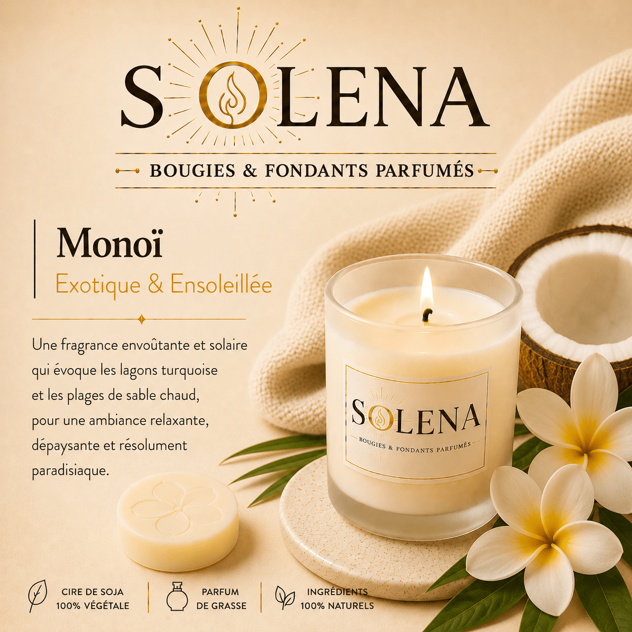 Bougie Monoï Solena Paris — cire de soja et parfum de Grasse