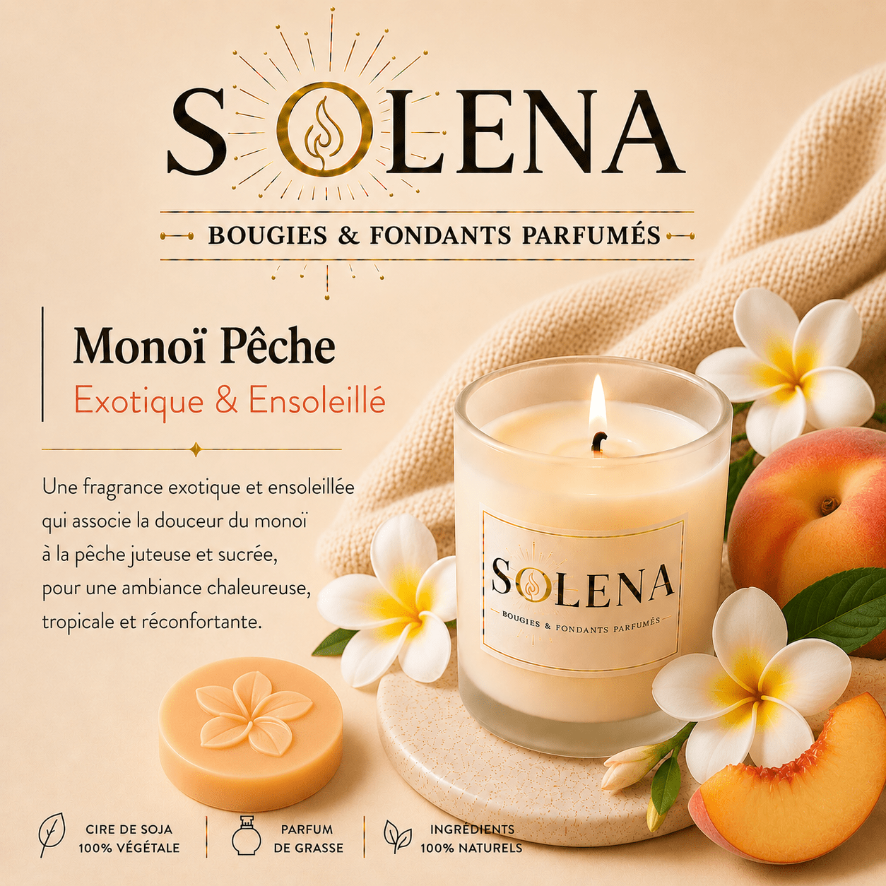Bougie Monoï pêche Solena Paris — cire de soja et parfum de Grasse