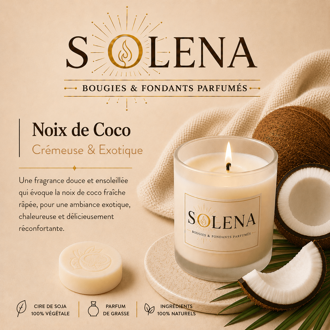 Bougie Noix de Coco Solena Paris — cire de soja et parfum de Grasse