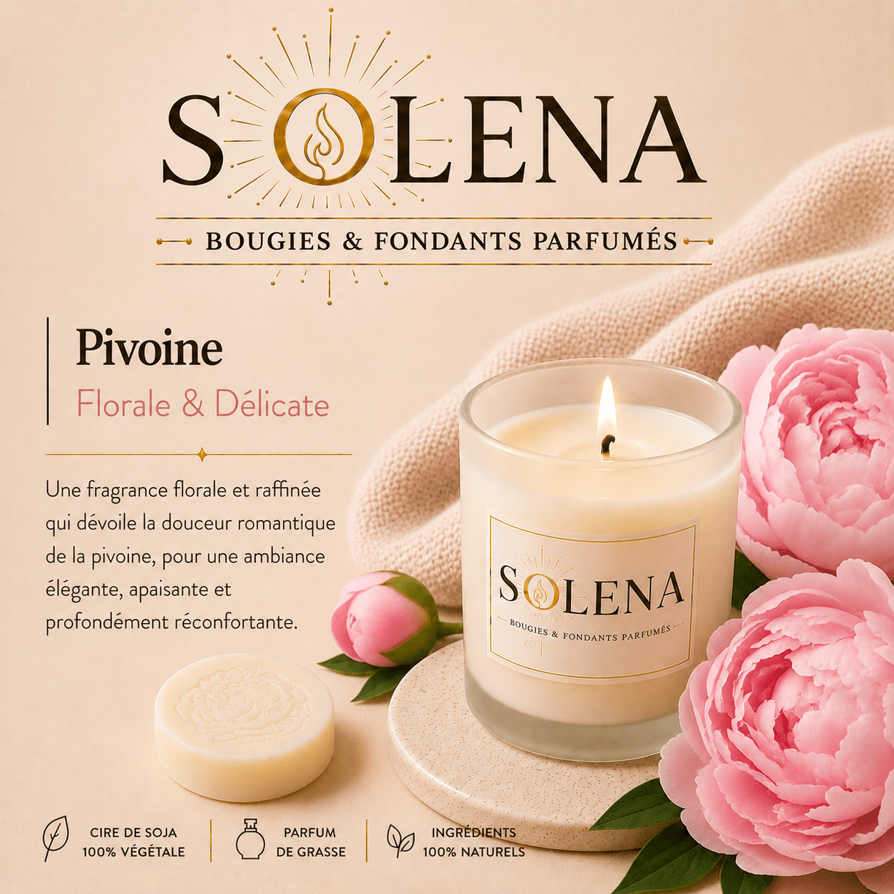 Bougie Pivoine Solena Paris — cire de soja et parfum de Grasse