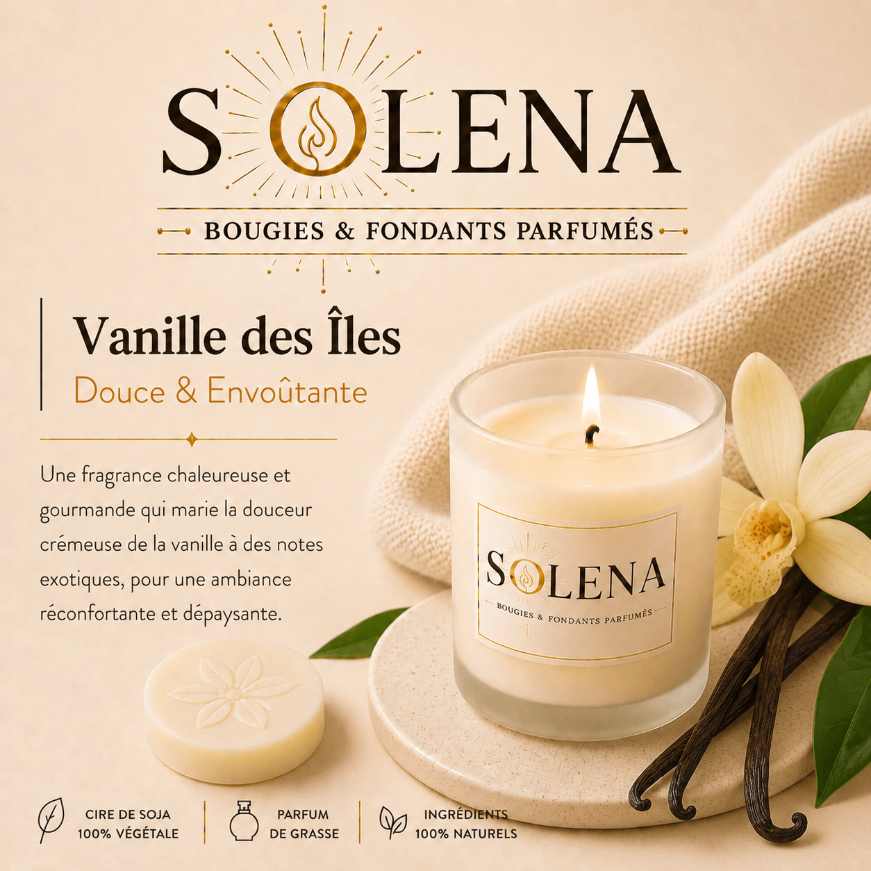 Bougie Vanille des îles Solena Paris — cire de soja et parfum de Grasse