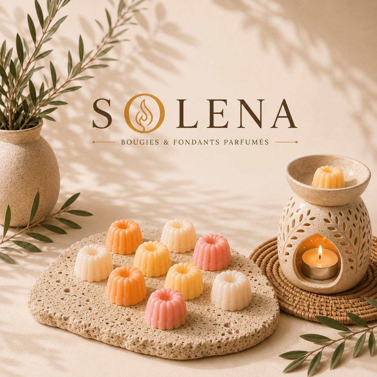 Fondant parfumé artisanal Solena dans un brûle-parfum, cire de soja naturelle et parfum de Grasse